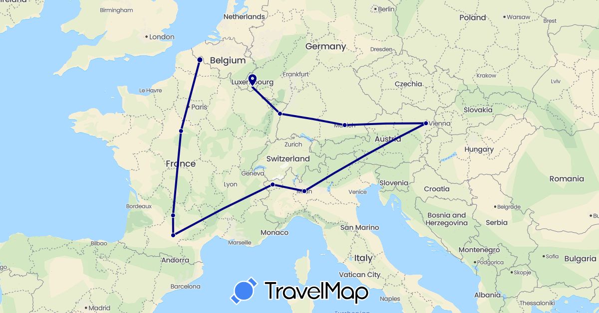 TravelMap itinerary: driving in Austria, Germany, France, Italy, Luxembourg (Europe)